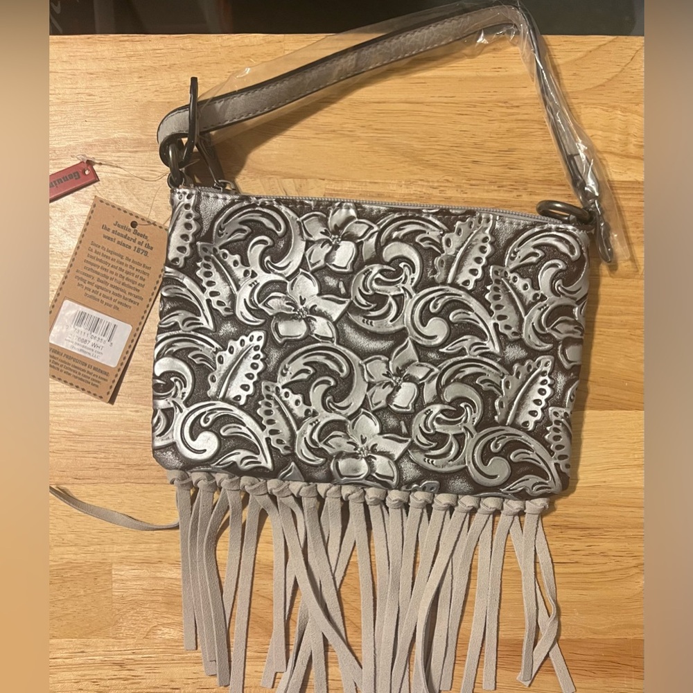 Justin Convertible Bag Embossed Leather Shoulder Bag to Wristlet in Brown/White